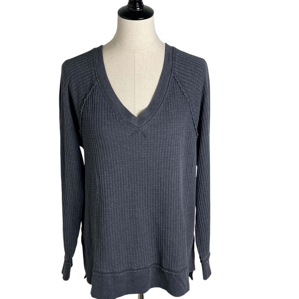Time and Tru Womens Waffle Knit V-Neck Pullover Top Dark Gray Large‎ 12-14